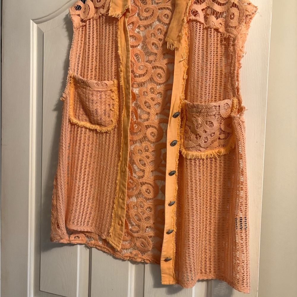POL Peach Crochet Lace Button-Front Vest - Picture 2 of 11